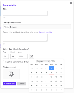 A screenshot of the timeline event form showing Title, Description, Date and Photo fields with an open calendar date picking control.