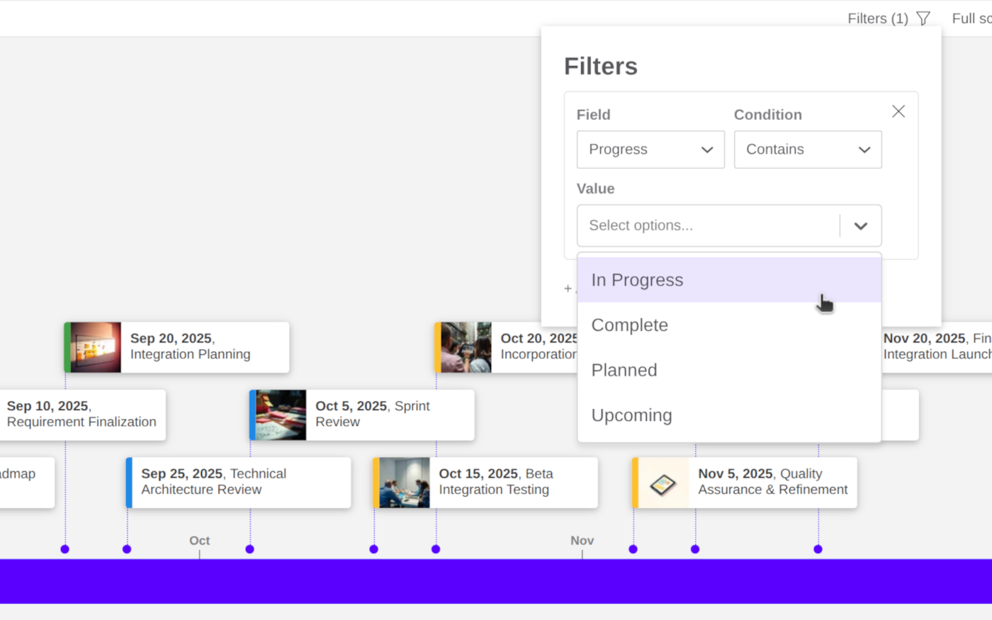User interface showing a horizontal timeline view for a product plan. A filter control is visible with various Progress status options being displayed..