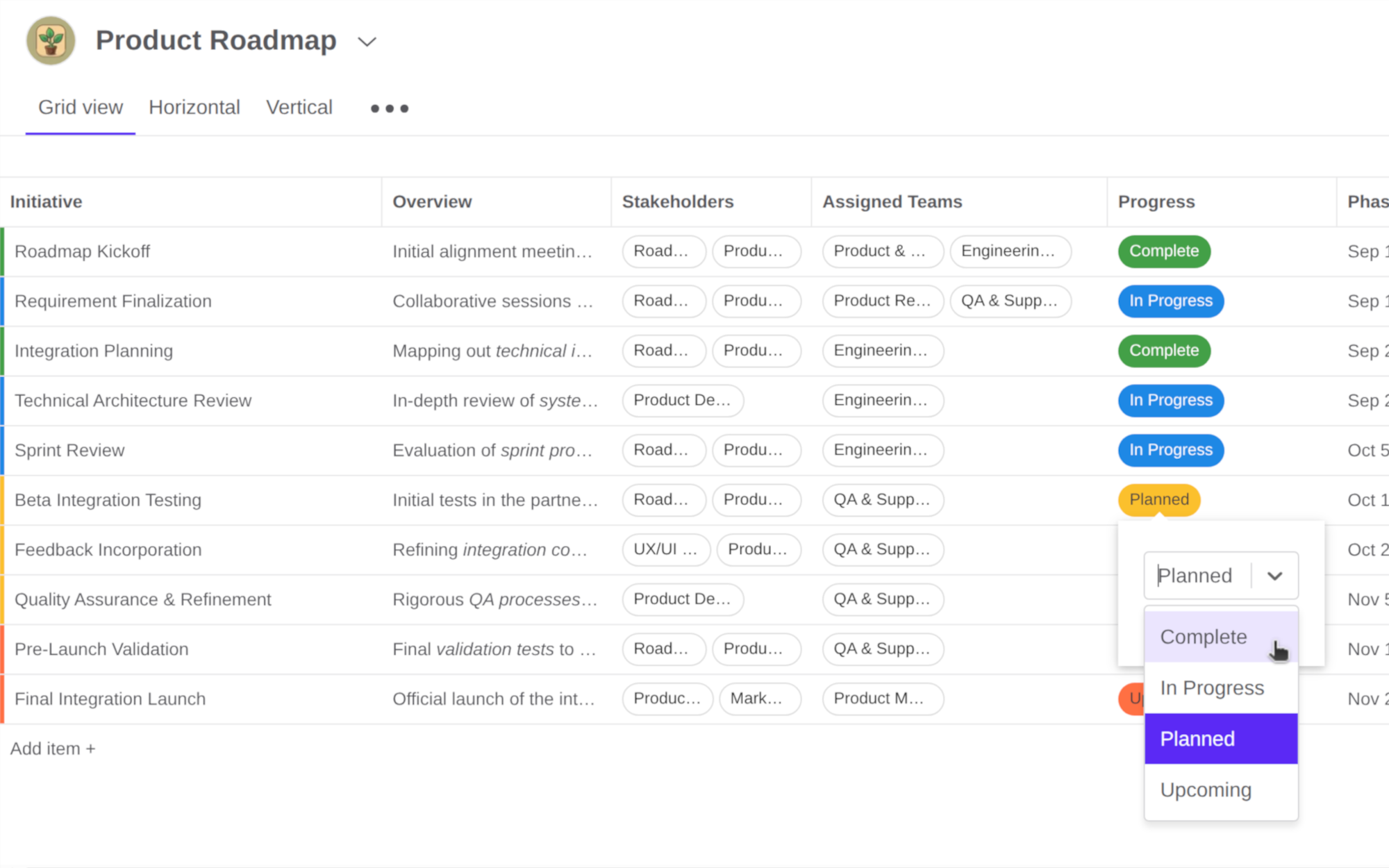 A screenshot of a grid-based user interface showing a Product Roadmap's timeline items. An opened dropdown field displays various options such as Complete, In Progress, Planned and Upcoming.