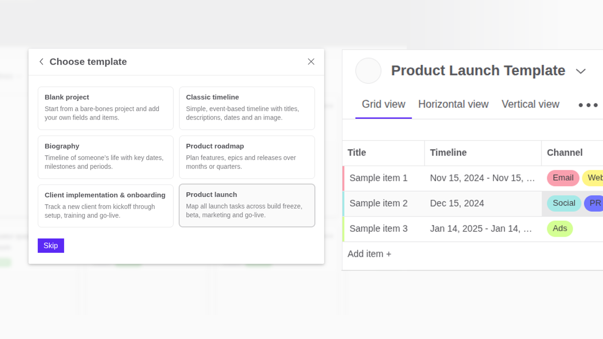 The new template picker and an example product launch project shown side-by-side.