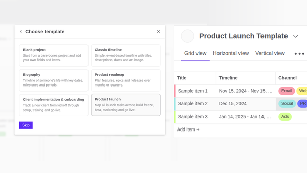 The new template picker and an example product launch project shown side-by-side.